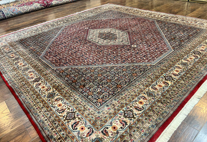 Square Indo Persian Bidjar Rug 10x10, Red, Handmade Vintage Wool Carpet