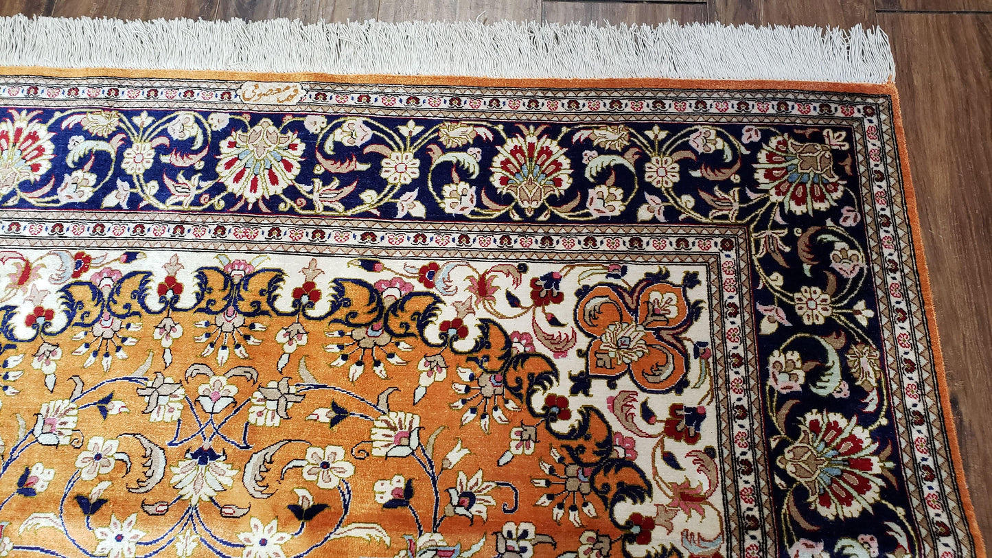 Vintage Persian Qum Silk Rug 4.6 x 6.7, Burnt Orange and Navy Blue, Antique Oriental Very Fine Signature Master Weaver 350+ KPSI Ghom Qom 5x7 Rug