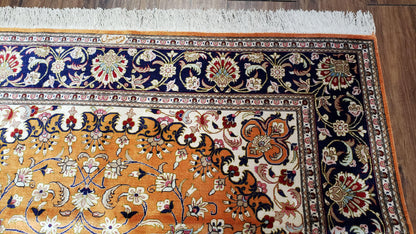 Vintage Persian Qum Silk Rug 4.6 x 6.7, Burnt Orange and Navy Blue, Antique Oriental Very Fine Signature Master Weaver 350+ KPSI Ghom Qom 5x7 Rug