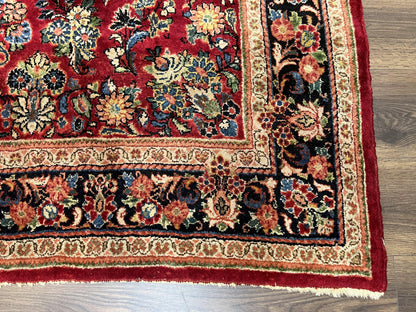 Rare Persian Almost Square Rug 6.3 x 5.3, Hand Knotted Wool Antique 1920s Sarouk Oriental Carpet, Red Navy Blue Beige, Floral Allover, 5x6 Area Rug