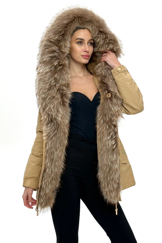 Äkta silver pälsfodrad parkas med kaninpälsisolering
