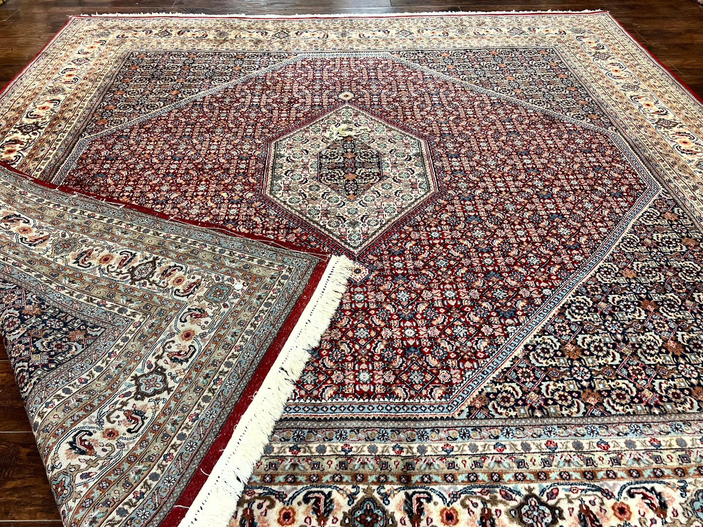 Square Indo Persian Bidjar Rug 10x10, Red, Handmade Vintage Wool Carpet
