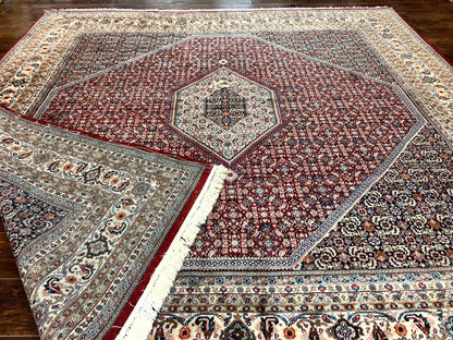 Square Indo Persian Bidjar Rug 10x10, Red, Handmade Vintage Wool Carpet