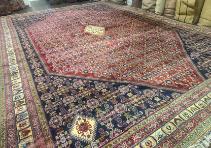 Palace Size Persian Shiraz Rug 13x19, Tribal Rug, Herati Pattern, Brick Red Navy Blue Beige, Oversized Persian Wool Area Rug, Extra Large
