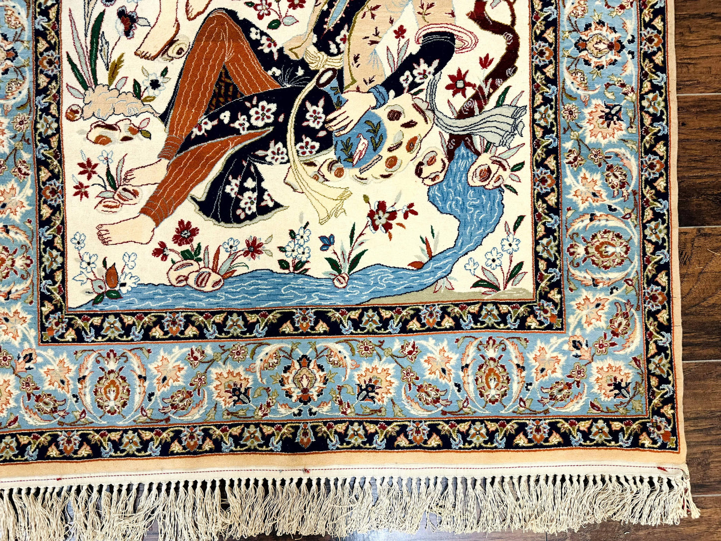 Persian Isfahan Pictorial Rug, Two Lovers, Kork Wool on Silk Foundation, Ivory and Light Blue, 500 KPSI Super Fine