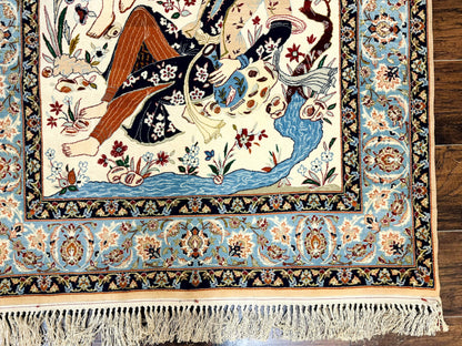 Persian Isfahan Pictorial Rug, Two Lovers, Kork Wool on Silk Foundation, Ivory and Light Blue, 500 KPSI Super Fine