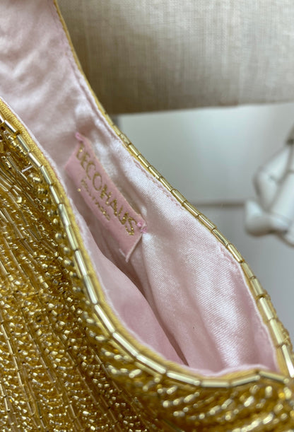 1920's met de hand geborduurde deco waaier polstasje avondtas - groot - glamour goud