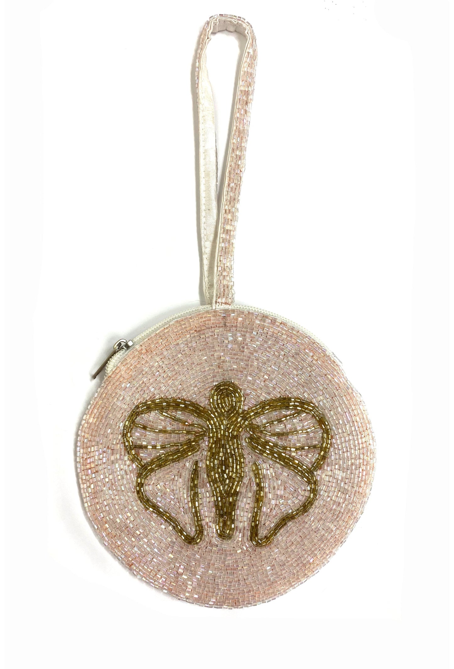 1920-talets handbroderade armbandsväska för kvällsbruk - Deco Haus-logotyp - champagnerosa
