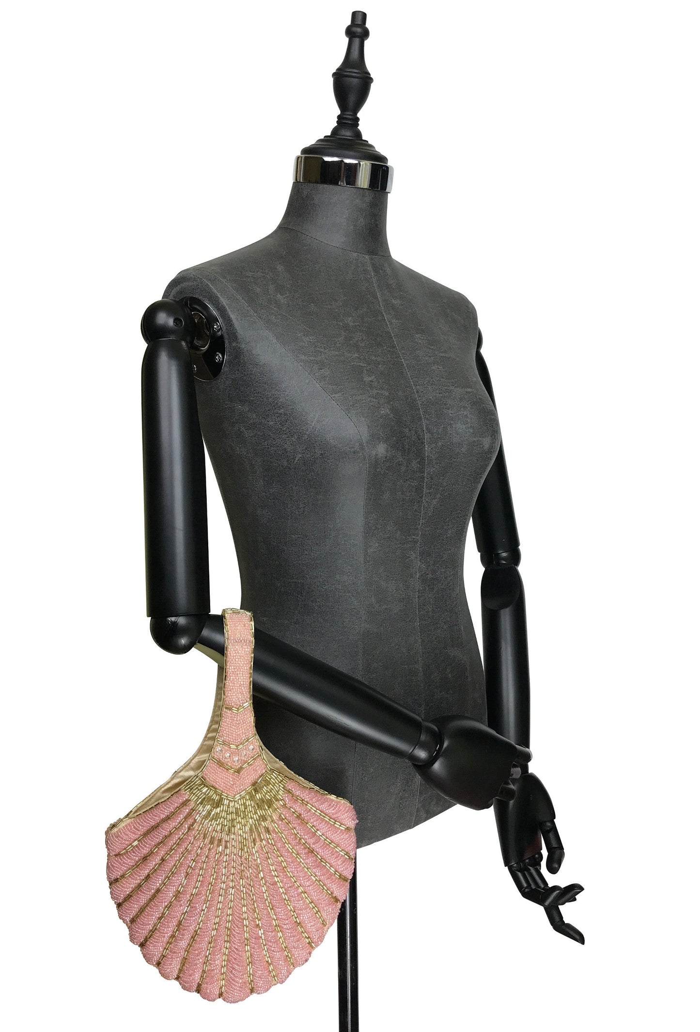 1920-tals handbroderad deco-fläkt handledsväska kvällsväska - stor - rosa & guld