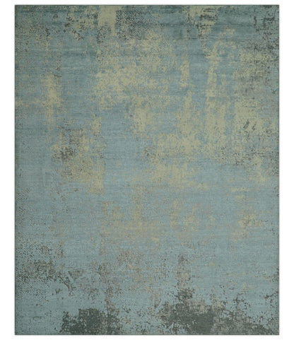 Abstract Design Blue, Beige And Gray 8x10 Hand Knotted Wool and Bamboo Silk Rug