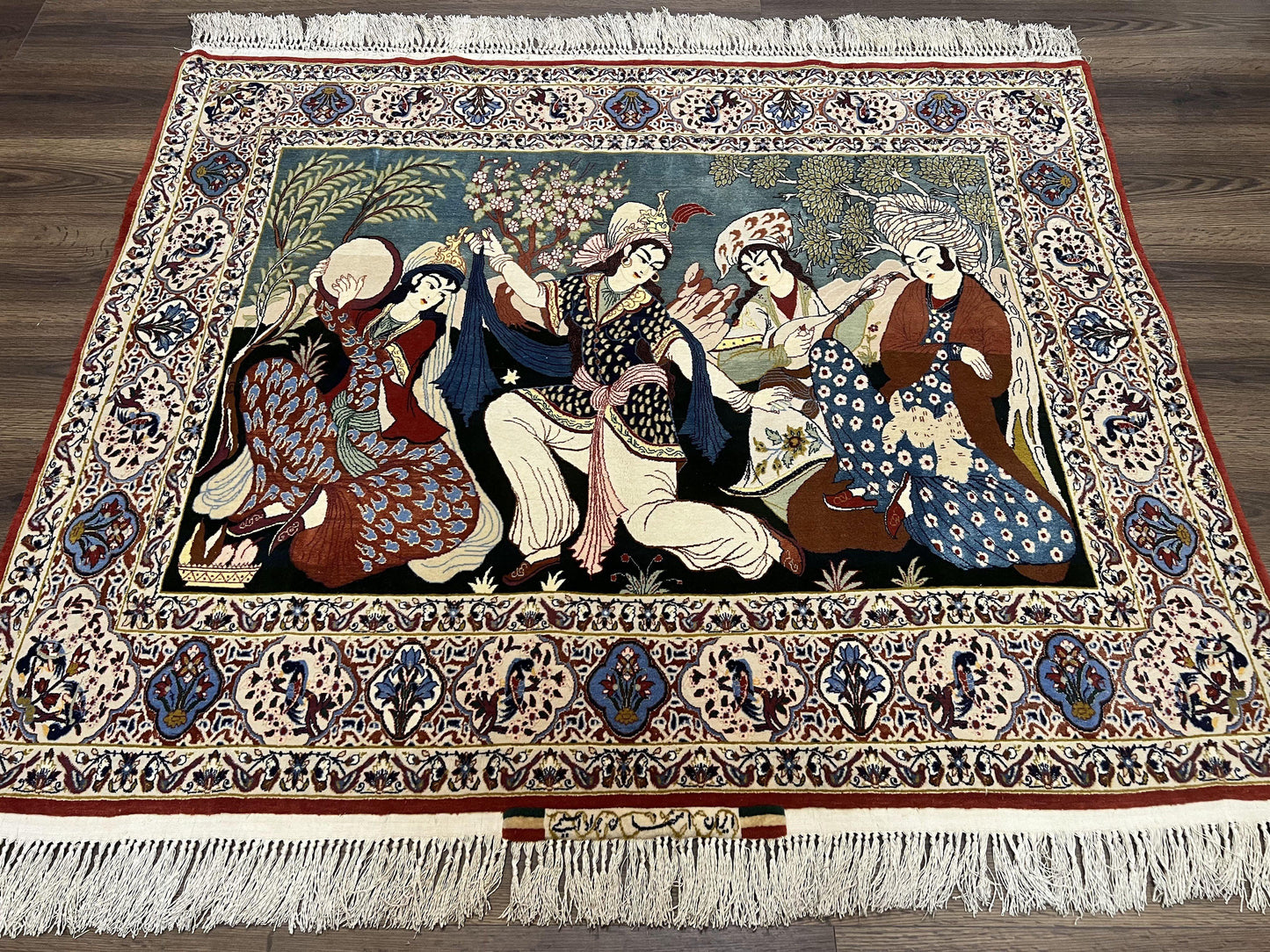 Persian Pictorial Rug 5 x 4 ft, Persian Isfahan Rug, Kork Wool on Silk Foundation, Signature from Master Weaver, Drums and Musical Instruments, Birds, Detailed