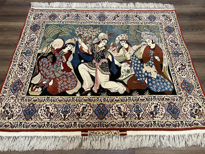 Persian Pictorial Rug 5 x 4 ft, Persian Isfahan Rug, Kork Wool on Silk Foundation, Signature from Master Weaver, Drums and Musical Instruments, Birds, Detailed