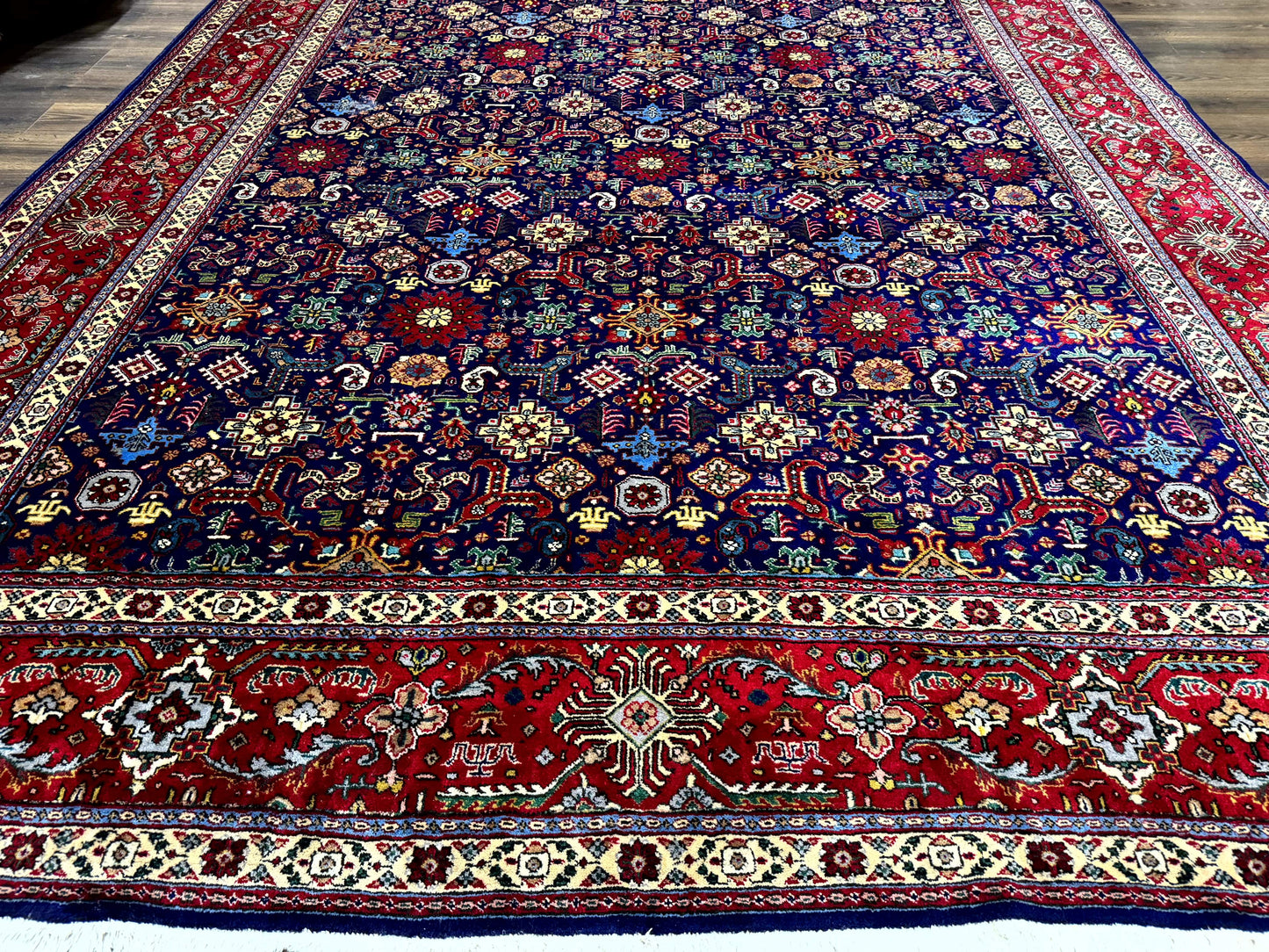 Large Persian Tabriz Rug 10x16, Navy Blue and Red, Allover Pattern, Vintage Hand Knotted Wool Carpet