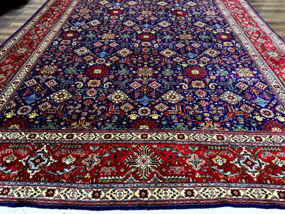 Large Persian Tabriz Rug 10x16, Navy Blue and Red, Allover Pattern, Vintage Hand Knotted Wool Carpet