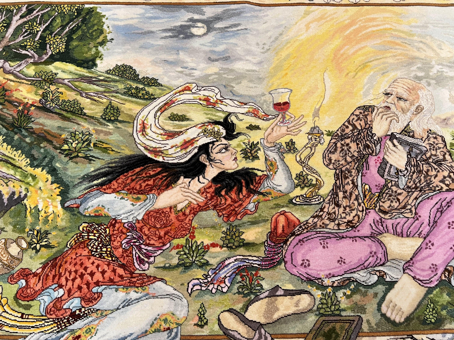 Persian Tabriz Pictorial Rug 5x3, Hafez Poetry In Border, Very Fine Hand Knotted Carpet, Wall Hanging Wool Oriental Carpet 3x5, Highly Detailed