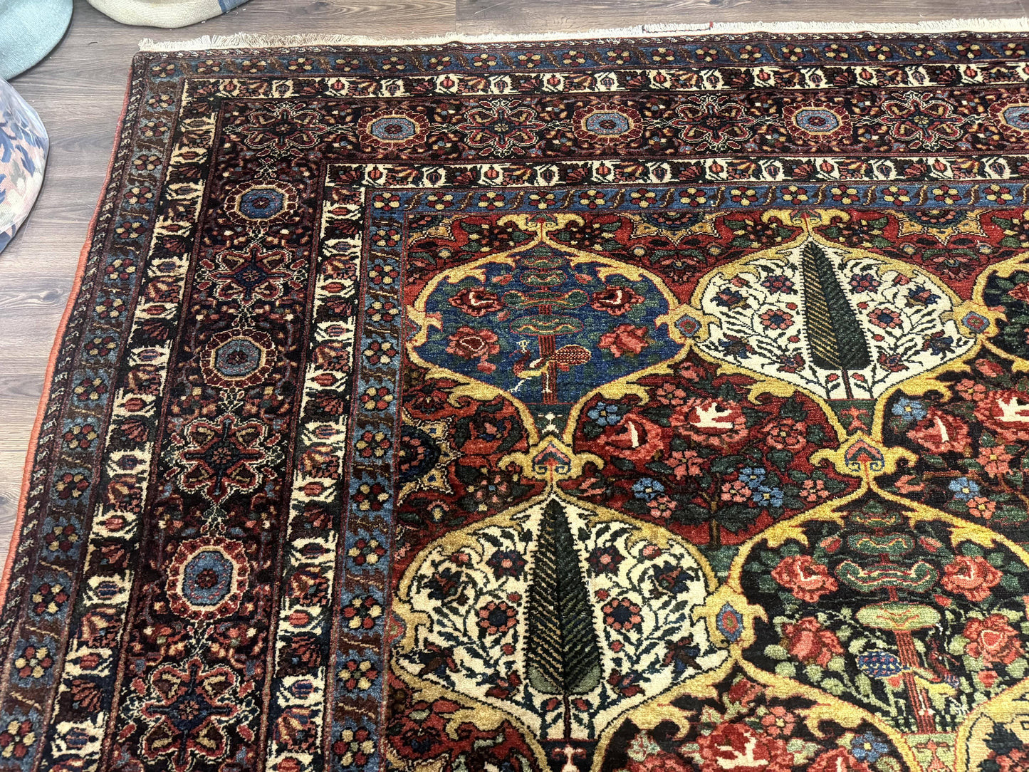Antique Persian Bakhtiari Rug 12x19, Palace Size Wool Handmade Persian Carpet, Oversized Rug, Panel Design, Peacocks, Multicolor, Rare