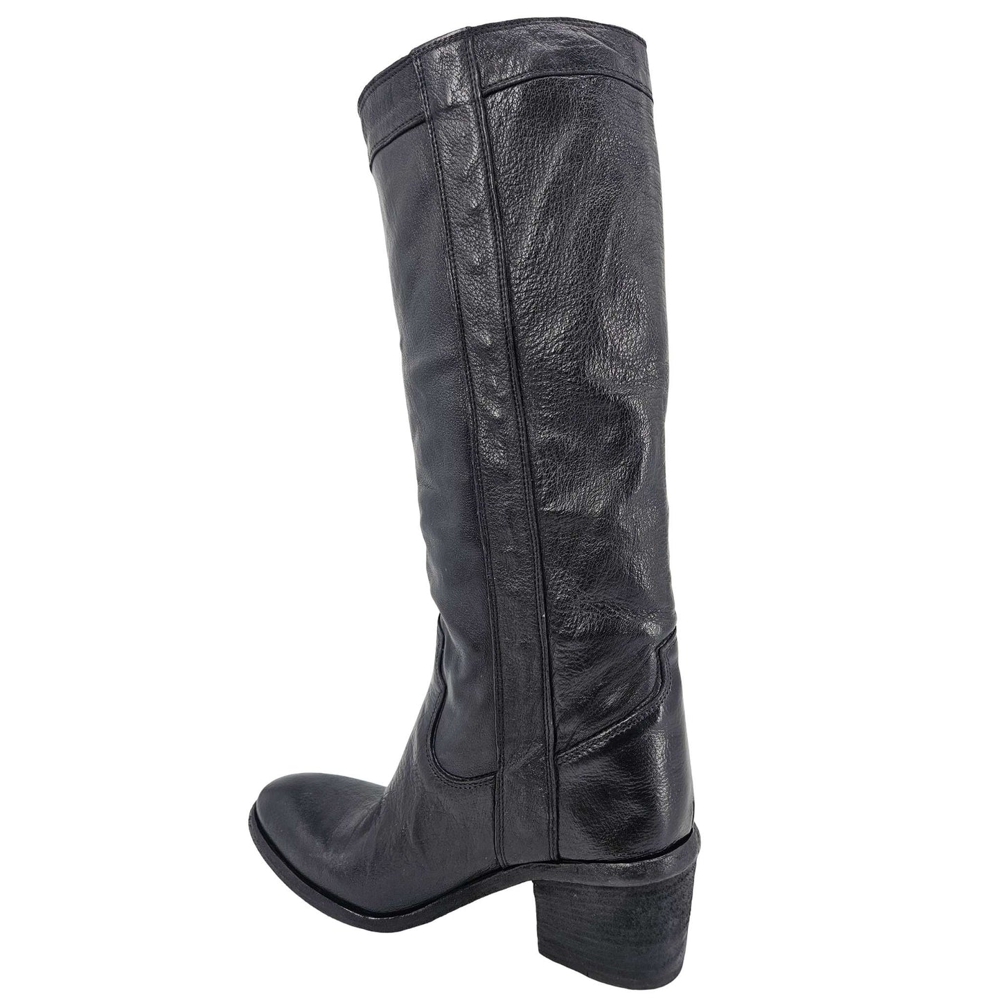 Black Leather Knee-High Pull-on Boot