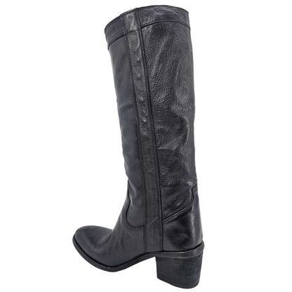 Black Leather Knee-High Pull-on Boot