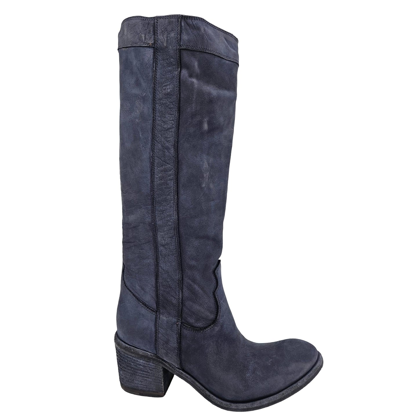 Navy Washed Leather Knee-High Pull-on Boot