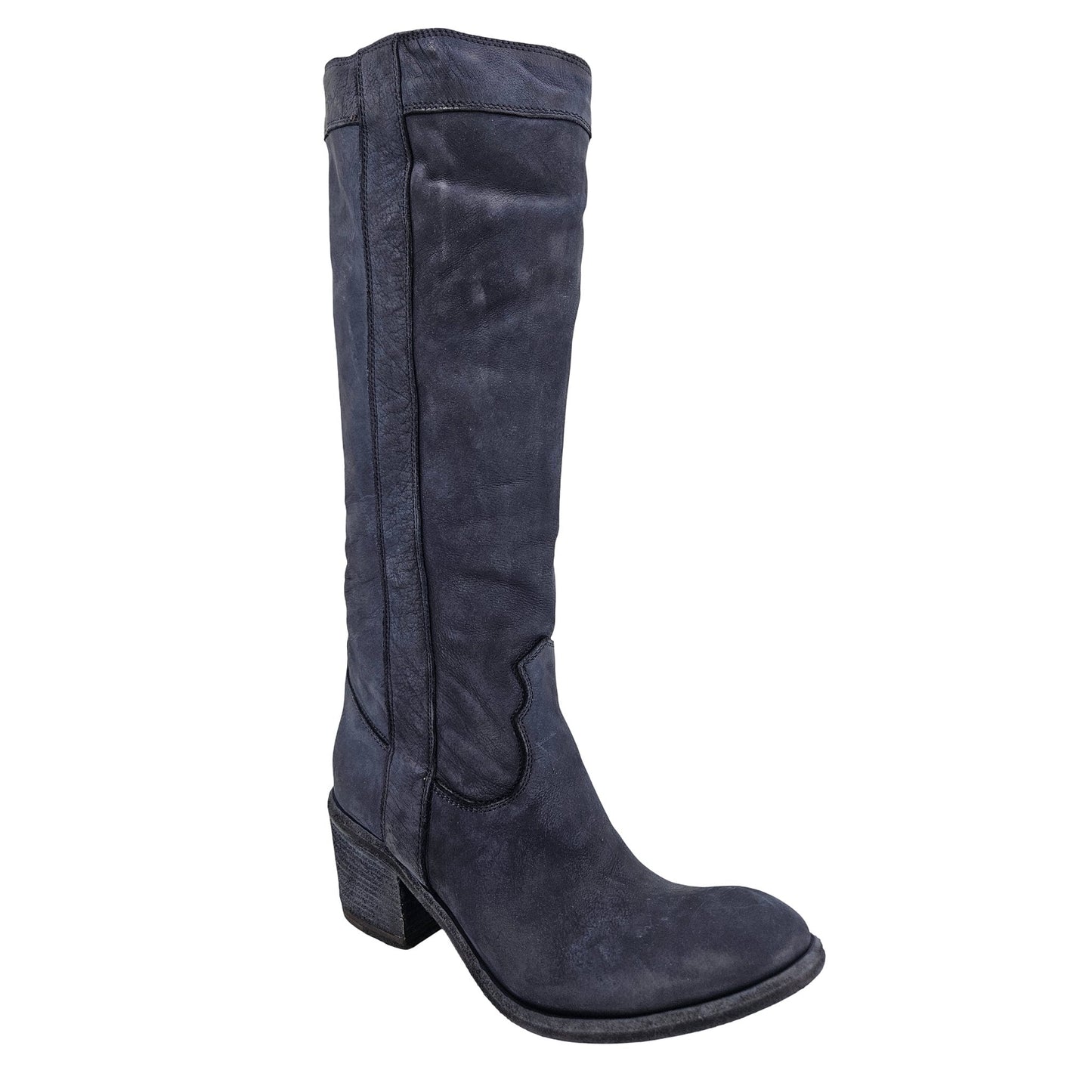 Navy Washed Leather Knee-High Pull-on Boot