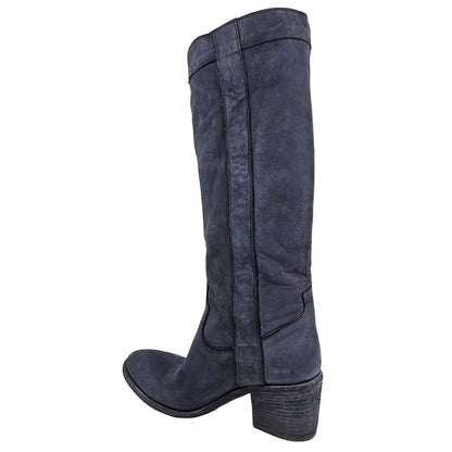 Navy Washed Leather Knee-High Pull-on Boot