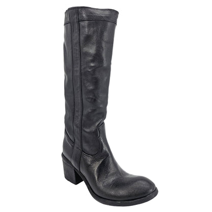Black Leather Knee-High Pull-on Boot