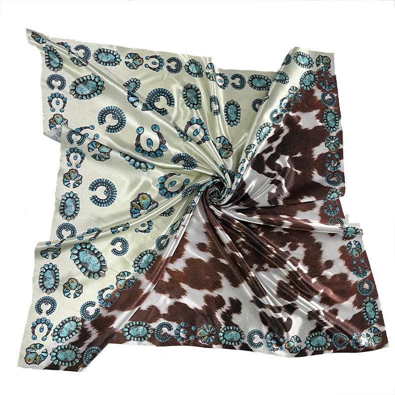 Western Style Cow Pattern Turquoise Scarf – Elegant Cowgirl Accessory