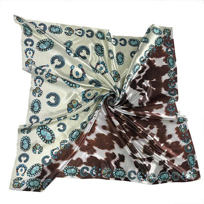 Western Style Cow Pattern Turquoise Scarf – Elegant Cowgirl Accessory