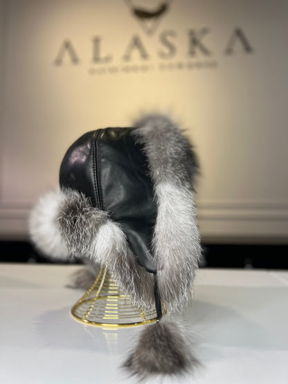 Echt Silberfuchs Pelz Echt Leder Hut