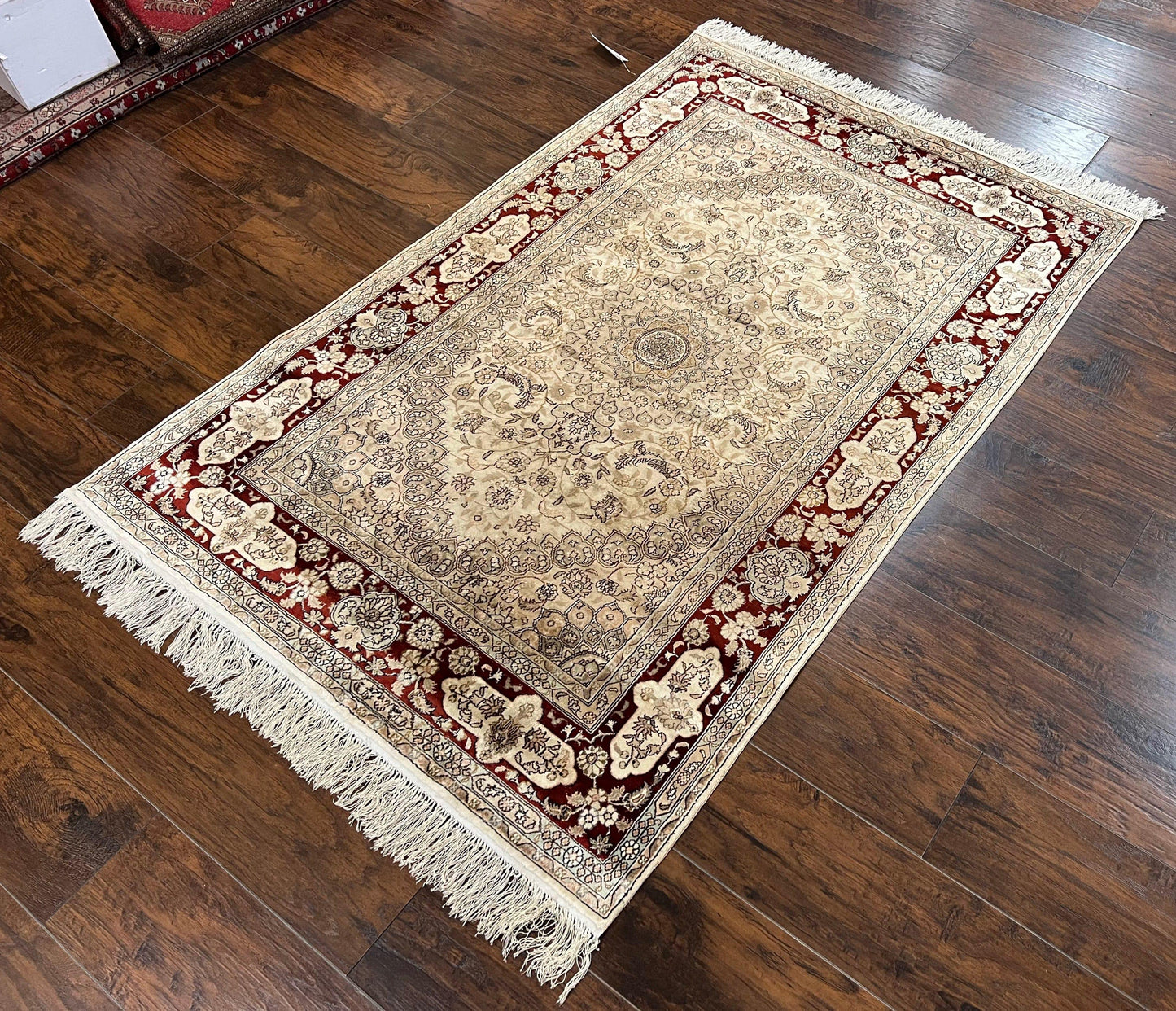 Silk Indian Kashmiri Rug 4x6 ft, Floral Medallion Hand Knotted Handmade Oriental Carpet, Vintage, Cream Burgundy, Very Fine Silk Rug 4 x 6
