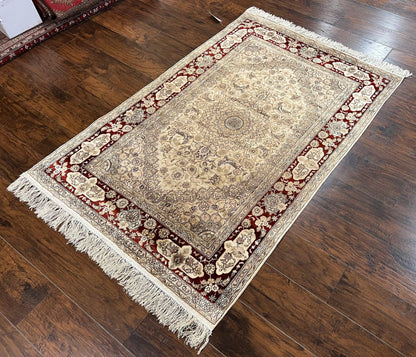 Silk Indian Kashmiri Rug 4x6 ft, Floral Medallion Hand Knotted Handmade Oriental Carpet, Vintage, Cream Burgundy, Very Fine Silk Rug 4 x 6