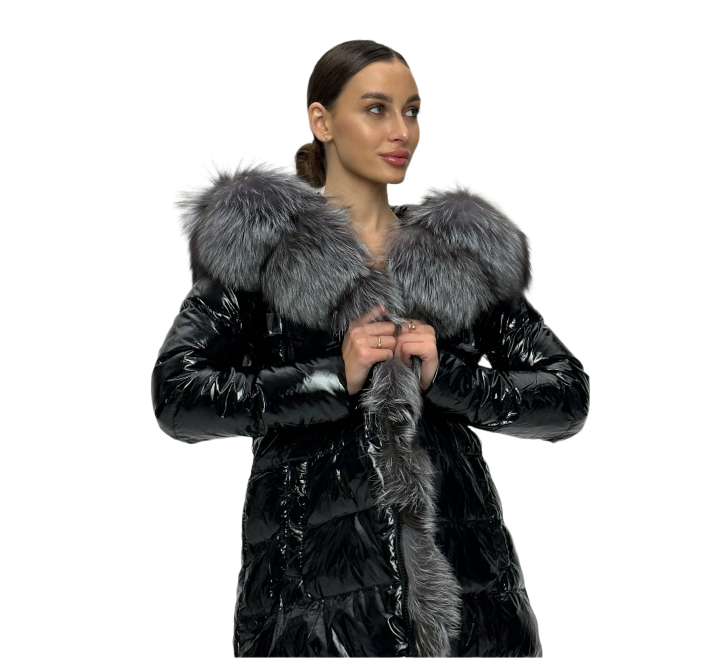 Parka en duvet de renard argenté véritable Onyx 107cm