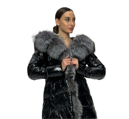 Parka en duvet de renard argenté véritable Onyx 107cm