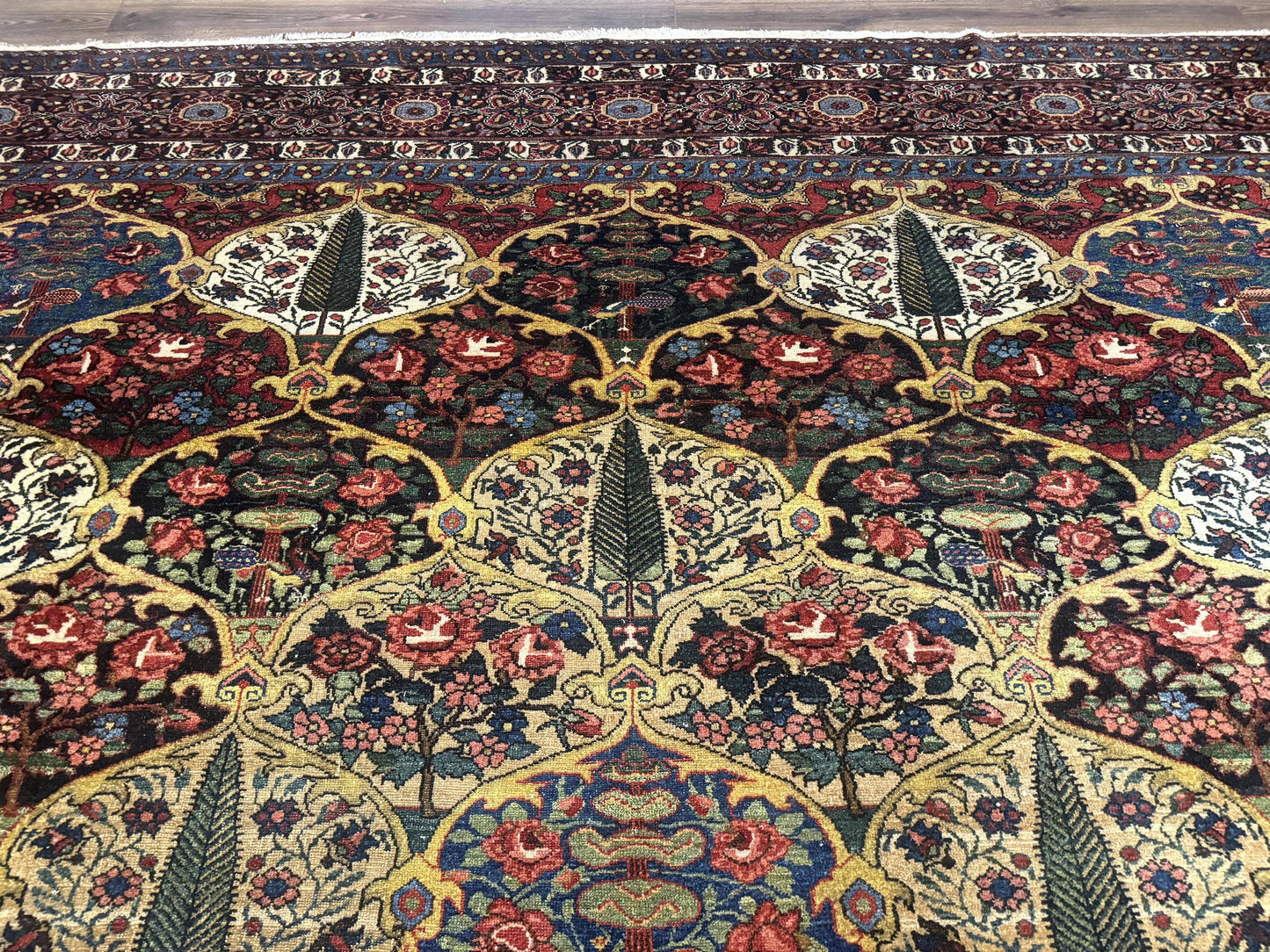 Antique Persian Bakhtiari Rug 12x19, Palace Size Wool Handmade Persian Carpet, Oversized Rug, Panel Design, Peacocks, Multicolor, Rare