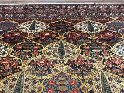 Antique Persian Bakhtiari Rug 12x19, Palace Size Wool Handmade Persian Carpet, Oversized Rug, Panel Design, Peacocks, Multicolor, Rare