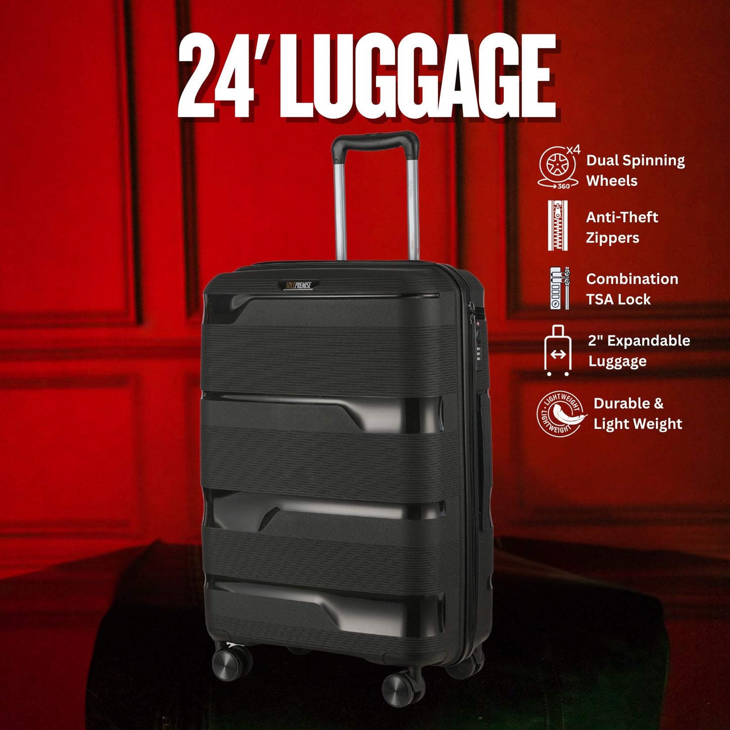 Valise rigide noire de 24 pouces avec roulettes 360° et serrure TSA