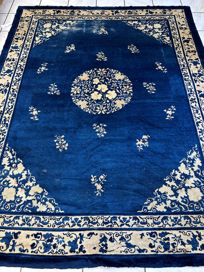 Hand-Knotted Antique Chinese Peking Wool Rug – 9’ x 11’5” – Distressed Blue, 19th Century
