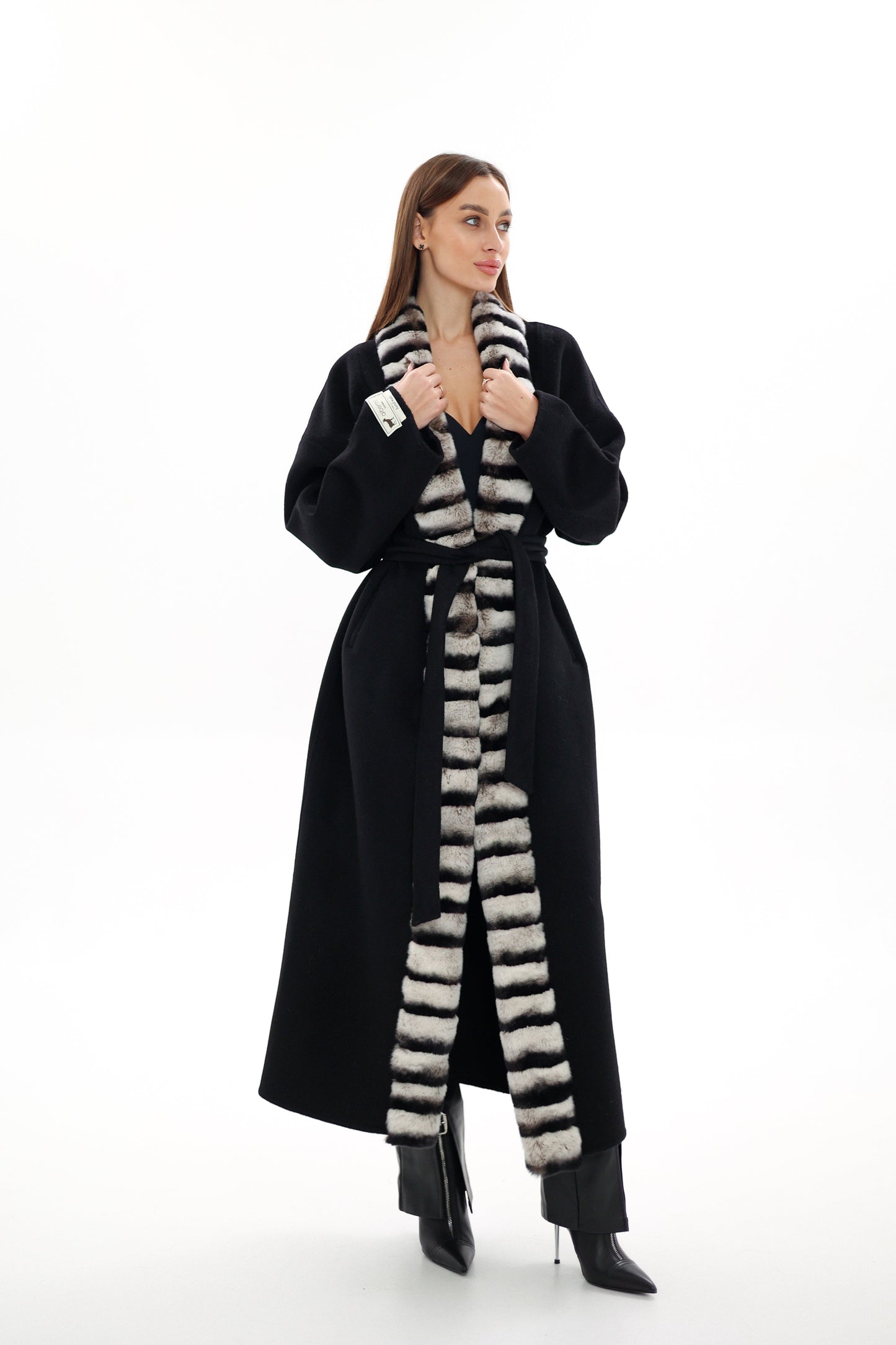 Genuine  French Orylag Fur Italian Cashmere Wool Coat 130cm