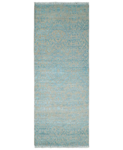 2.6x8 Fine Hand Knotted Camel and Blue Traditional Vintage Persian Style Antique Wool and Silk Rug | AGR26