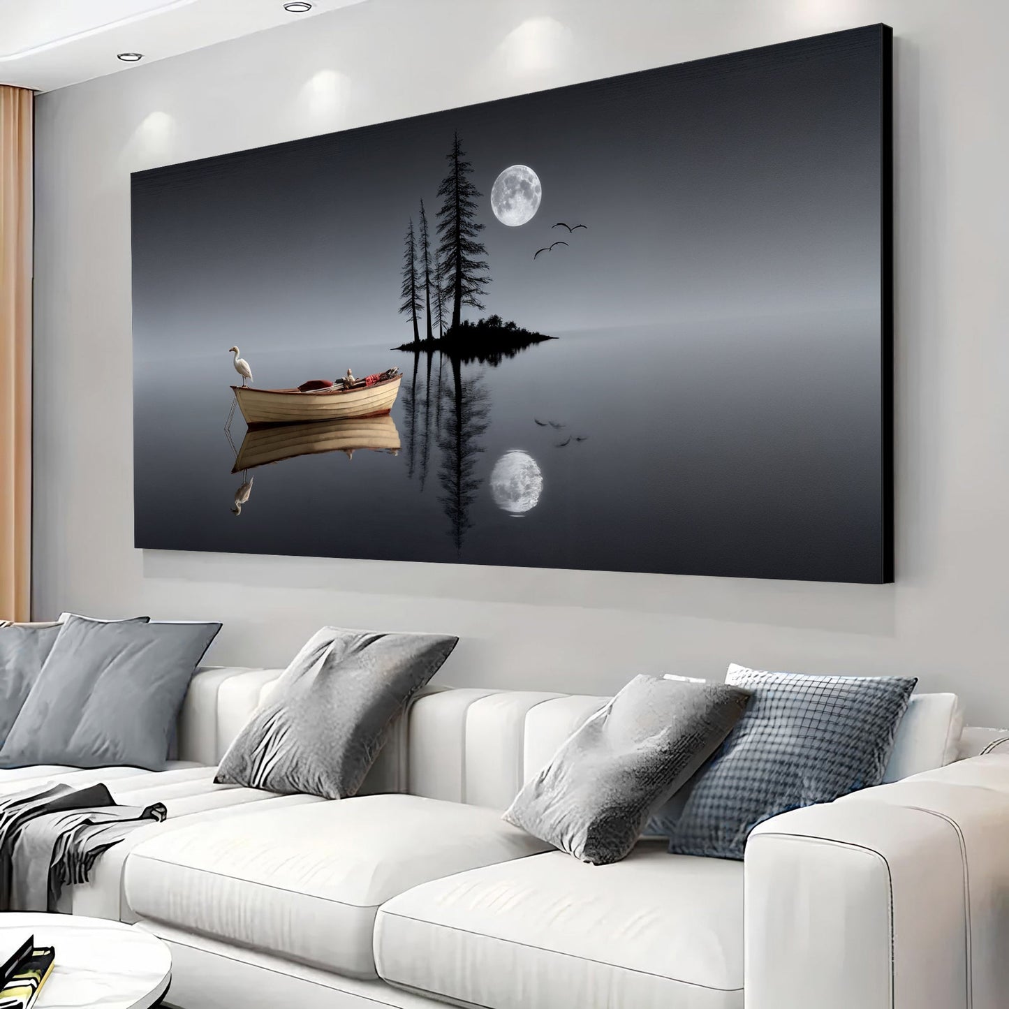 Art mural moderne minimaliste du lac nocturne