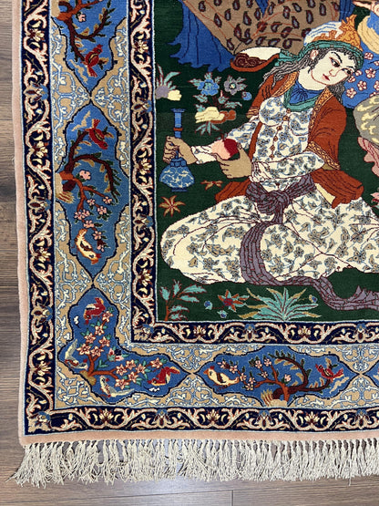 Fine Persian Isfahan Pictorial Rug 3.7 x 5, Kork Wool on Silk Foundation, Blue Persian Carpet, Hand Knotted, Humans Birds, High KPSI, Semi Antique