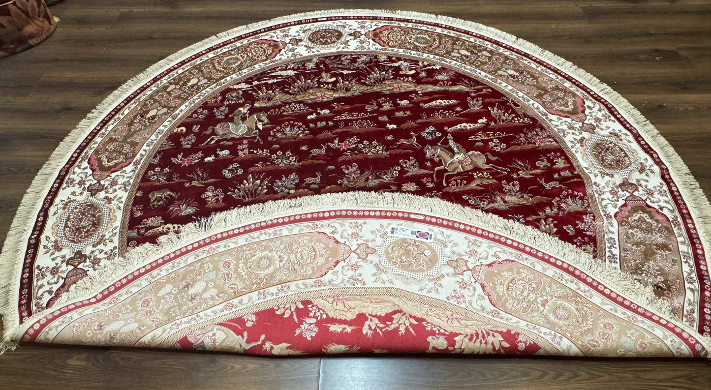 Large Round Turkish Silk Rug 8x8, Hunting Design, Dark Red & Ivory, Bamboo Silk