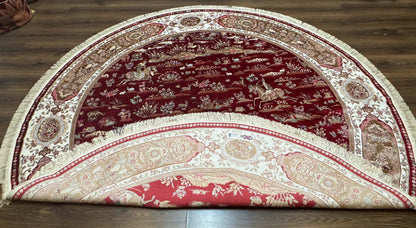 Large Round Turkish Silk Rug 8x8, Hunting Design, Dark Red & Ivory, Bamboo Silk