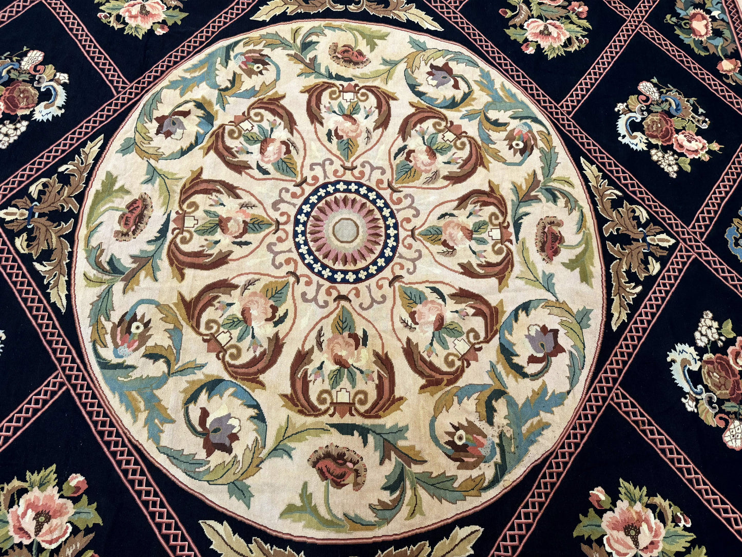 Palace Size Needlepoint Rug 12x20, European French English Aubusson Floral Design, Black and Beige