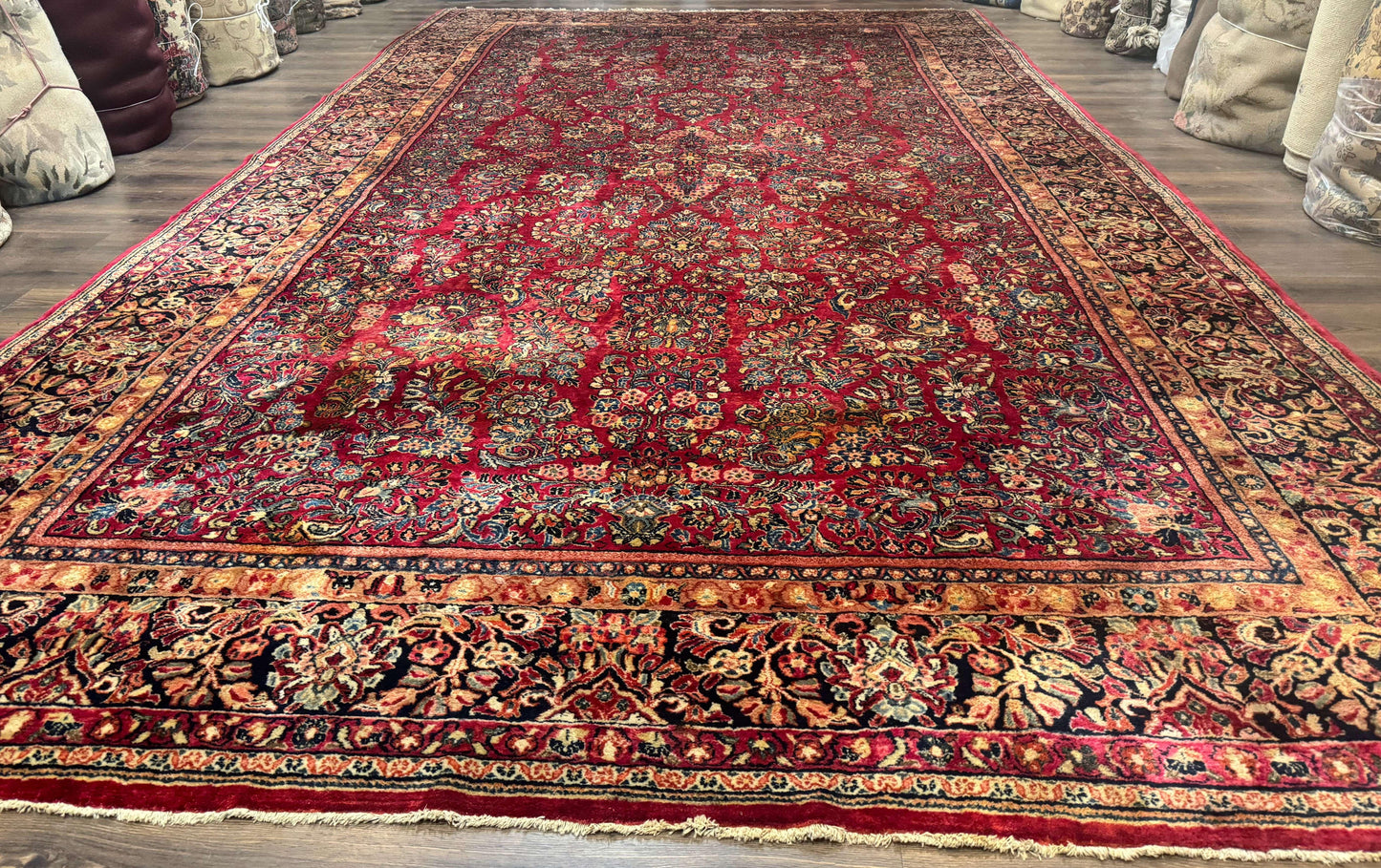 Persian Sarouk Rug 10x18, Palace Size Antique Persian Carpet, Wool, Red, Floral, Handmade Traditional Persian Rug, Extra Large Rug