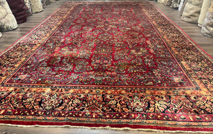 Persian Sarouk Rug 10x18, Palace Size Antique Persian Carpet, Wool, Red, Floral, Handmade Traditional Persian Rug, Extra Large Rug
