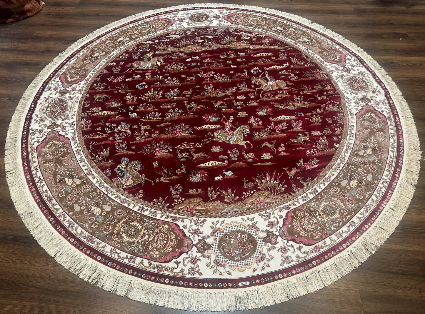 Large Round Turkish Silk Rug 8x8, Hunting Design, Dark Red & Ivory, Bamboo Silk