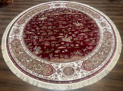 Large Round Turkish Silk Rug 8x8, Hunting Design, Dark Red & Ivory, Bamboo Silk