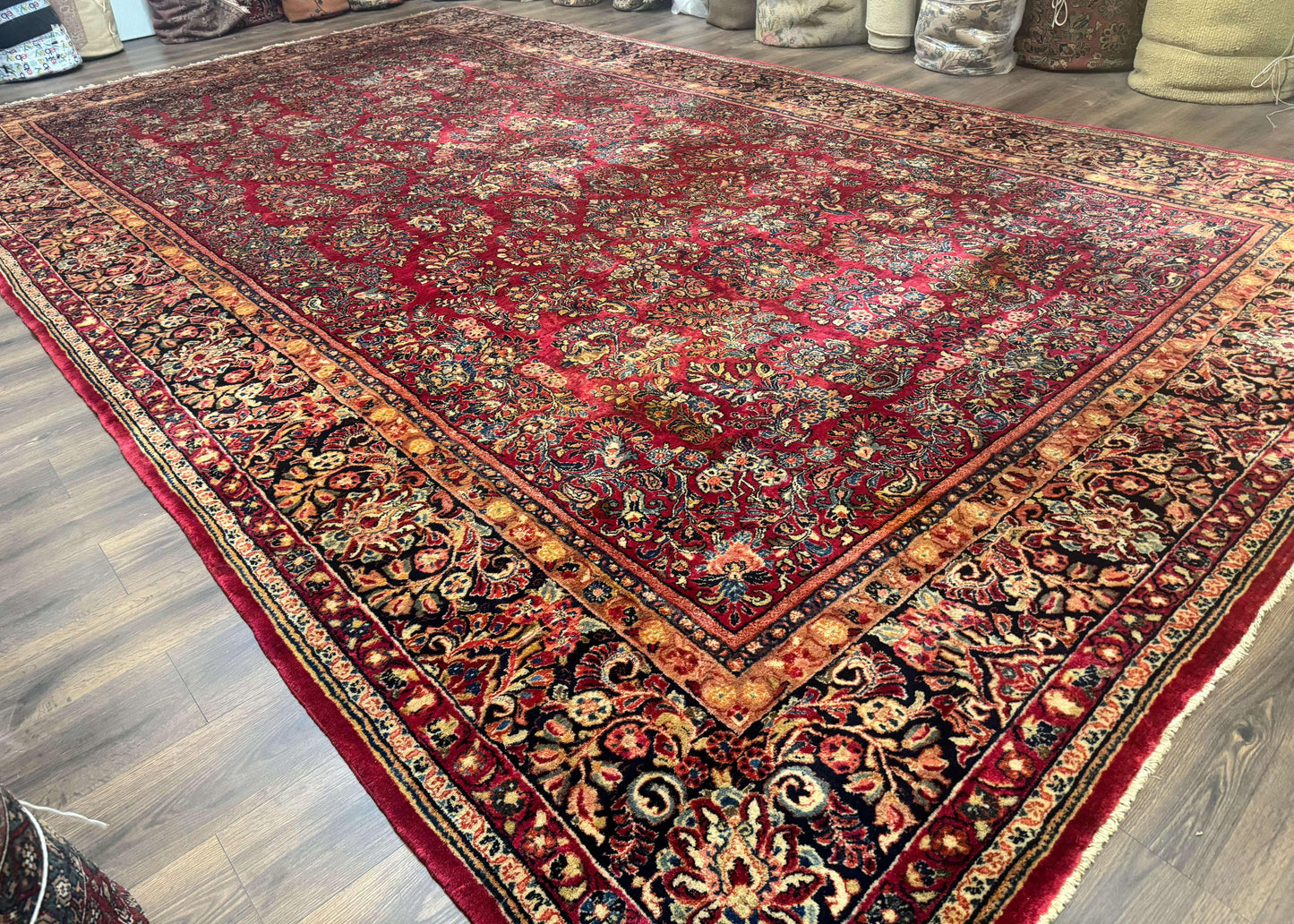 Persian Sarouk Rug 10x18, Palace Size Antique Persian Carpet, Wool, Red, Floral, Handmade Traditional Persian Rug, Extra Large Rug