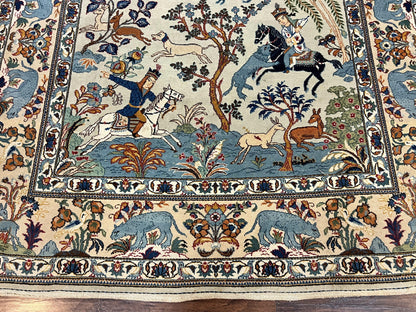 Persian Kashan Pictorial Rug 4.6 x 7, Hunting Scene, SIgned by Masterweaver, Animal Pictorials, Rare, Handmade, Wool, Vintage, Very Fine